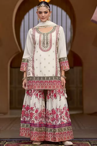 White chinon silk embroidered sharara suit