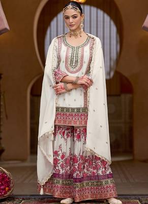 White chinon silk embroidered sharara suit 2