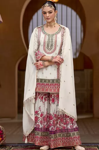 White chinon silk embroidered sharara suit