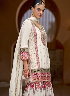 White chinon silk embroidered sharara suit 3