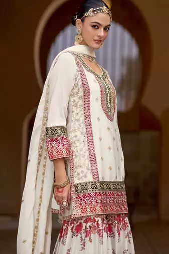 White chinon silk embroidered sharara suit