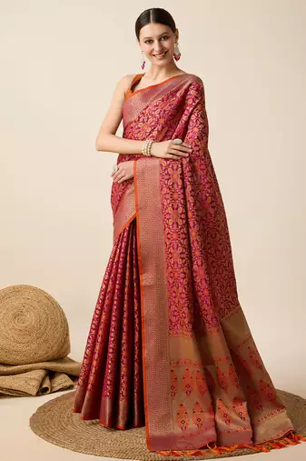 maroon banarasi silk blend saree