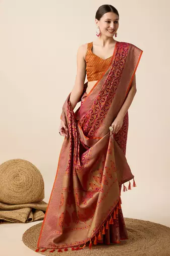 maroon banarasi silk blend saree