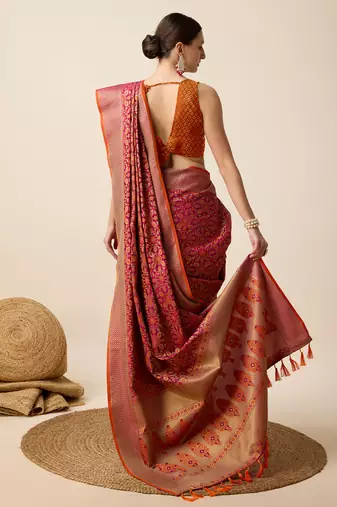 maroon banarasi silk blend saree