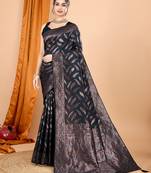 black double zari weaving silk blend saree with contrast pallu