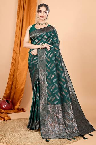 green double zari weaving silk blend saree with contrast pallu