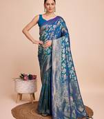blue gold jari weaving silk blend saree