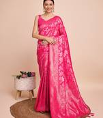 pink gold jari weaving silk blend saree