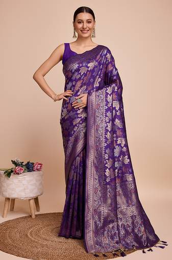 purple gold jari weaving silk blend saree