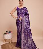 purple gold jari weaving silk blend saree