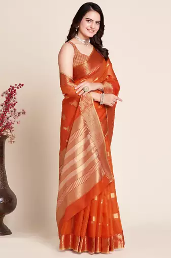 orange semi cotton saree with blouse