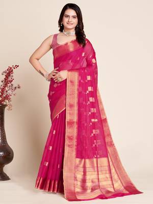 pink semi cotton saree with blouse 1