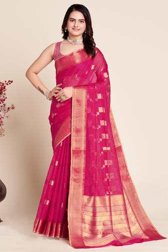 pink semi cotton saree with blouse