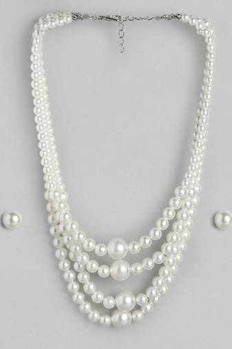 elegant 4 layer white pearl beaded necklace set with matching stud earrings