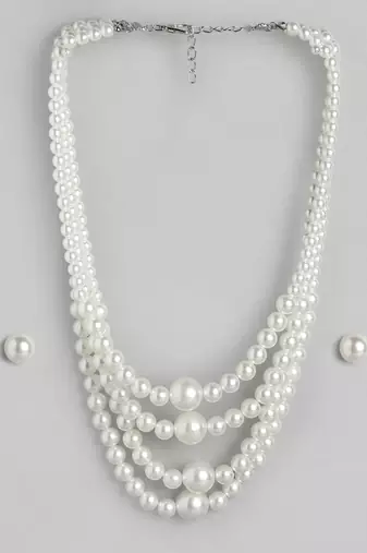 elegant 4 layer white pearl beaded necklace set with matching stud earrings