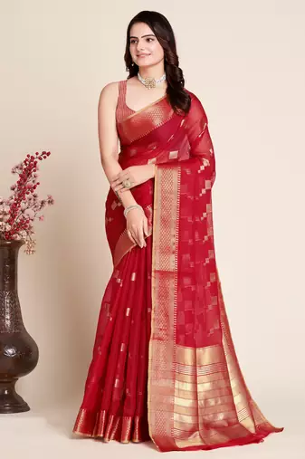 red semi cotton saree with blouse