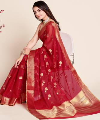 red semi cotton saree with blouse 2