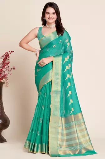 teal semi cotton saree with blouse