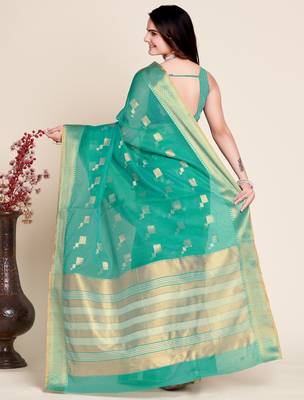 teal semi cotton saree with blouse 2