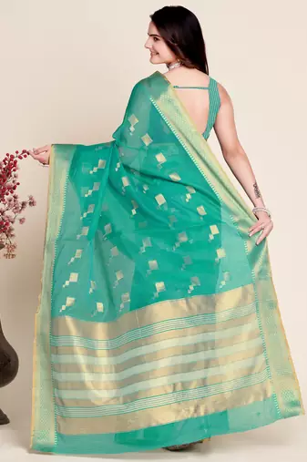 teal semi cotton saree with blouse
