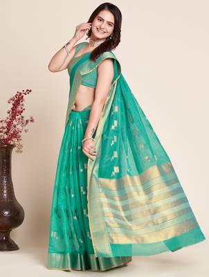 teal semi cotton saree with blouse 3