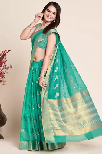 teal semi cotton saree with blouse