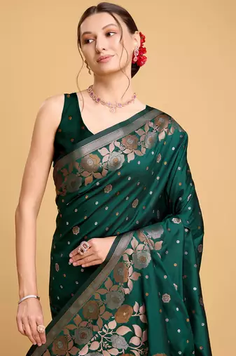 green jacquard saree with blouse piece