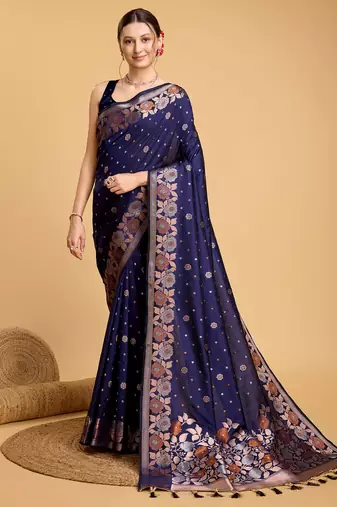 blue jacquard saree with blouse piece
