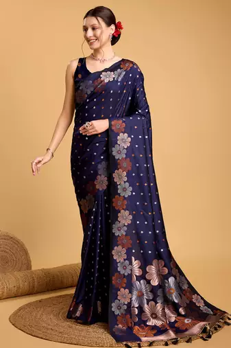 navy_blue jacquard saree with blouse piece