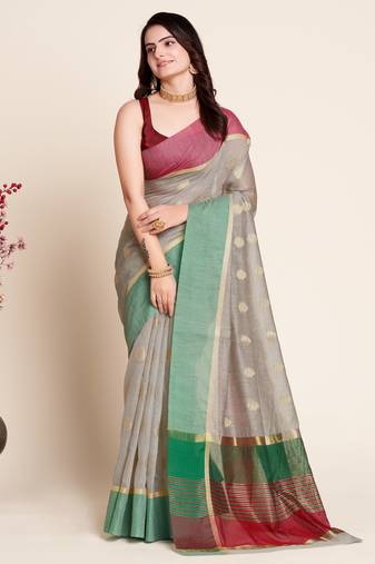 beige silk blend saree with contrast zari border pallu and matching blouse