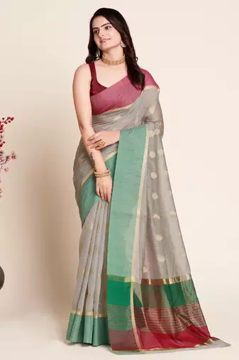 beige silk blend saree with contrast zari border pallu and matching blouse