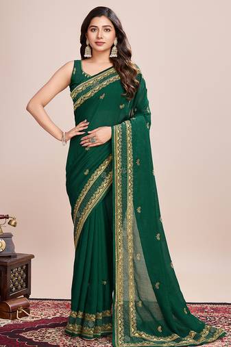 green silk blend saree with contrast zari border pallu and matching blouse