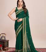 green silk blend saree with contrast zari border pallu and matching blouse