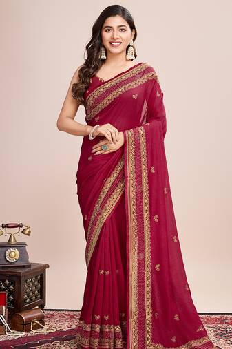 maroon silk blend saree with contrast zari border pallu and matching blouse