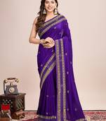 purple silk blend saree with contrast zari border pallu and matching blouse