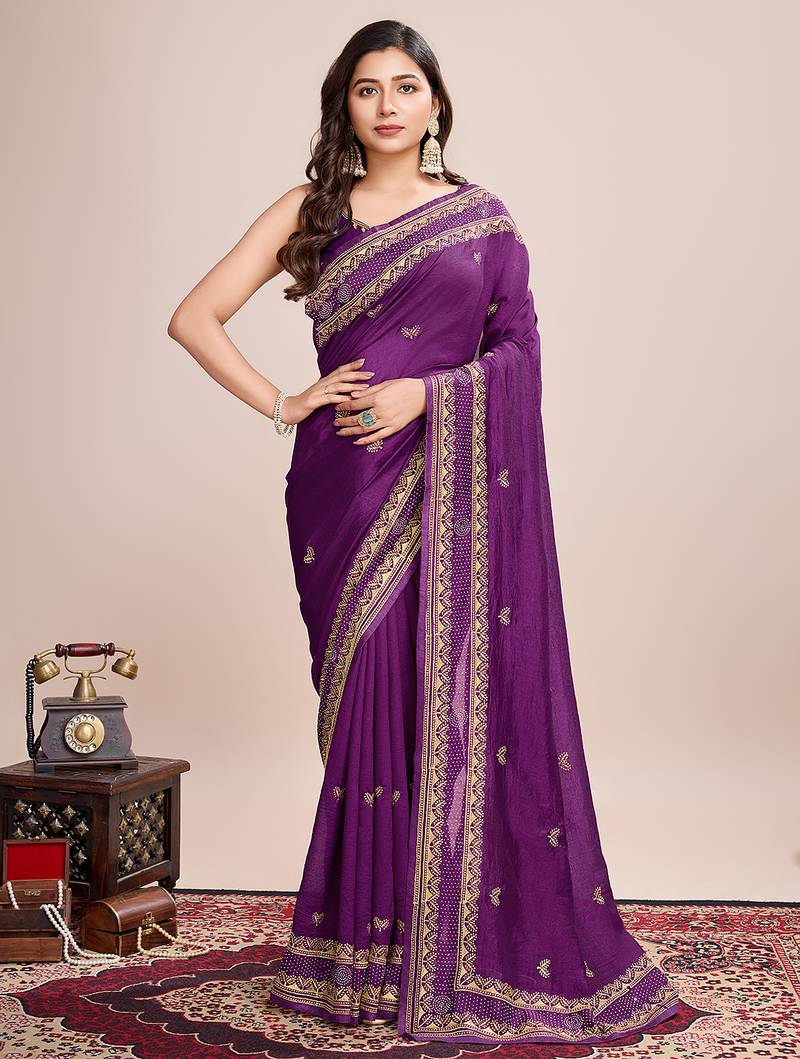 wine silk blend saree with contrast zari border pallu and matching blouse