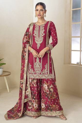 Crimson Strawberry DESIGNER HAND EMBROIDERED REAL CHINON PALAZO SUIT 