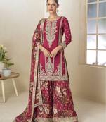 Crimson Strawberry HAND EMBROIDERED REAL CHINON PALAZO SUIT 