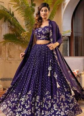 Purple Zari sequin Embroidered Silk Lehenga Choli With Dupatta Set 1