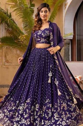 Purple Zari sequin Embroidered Silk Lehenga Choli With Dupatta Set