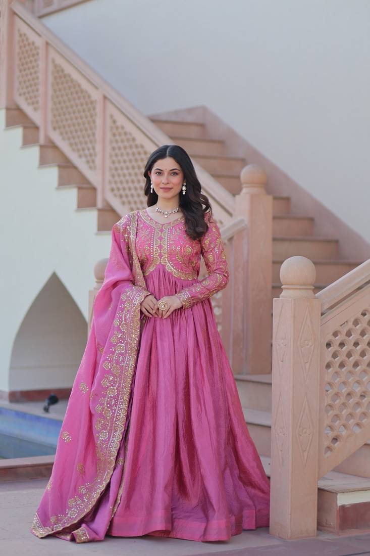 Pink gold-crush fabric with sequins & multi embroidered work gown dupatta