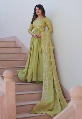 Perrot gold-crush fabric with sequins & multi embroidered work gown dupatta 4