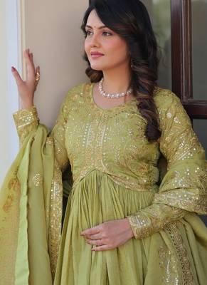 Perrot gold-crush fabric with sequins & multi embroidered work gown dupatta 5