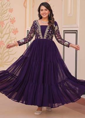 Purple faux blooming with sequins & zari embroidered work gown 1