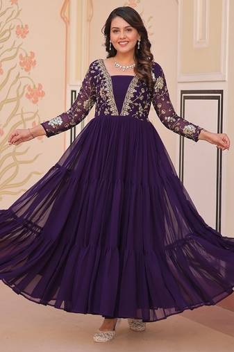 Purple faux blooming with sequins & zari embroidered work gown