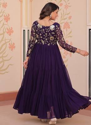 Purple faux blooming with sequins & zari embroidered work gown 2