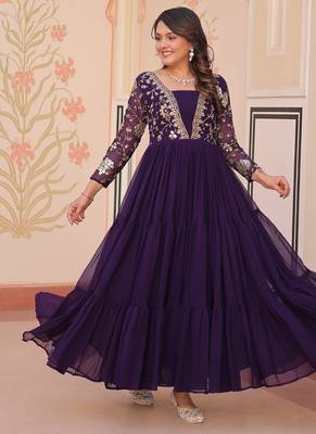 Purple faux blooming with sequins & zari embroidered work gown 3