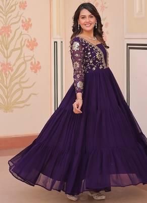 Purple faux blooming with sequins & zari embroidered work gown 4