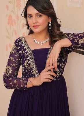 Purple faux blooming with sequins & zari embroidered work gown 5