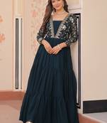 Teal faux blooming with sequins & zari embroidered work gown